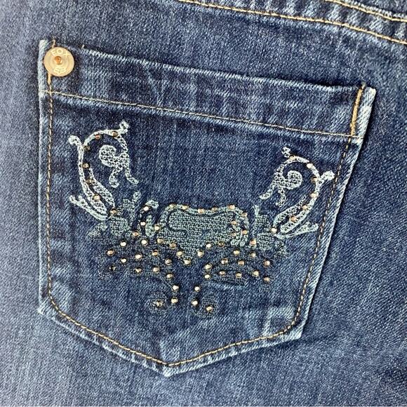 VTG FOX Racing Bootcut Denim Jeans Womens SZ 7 Rhinestone Embellished Logo Y2K - Picture 5 of 11